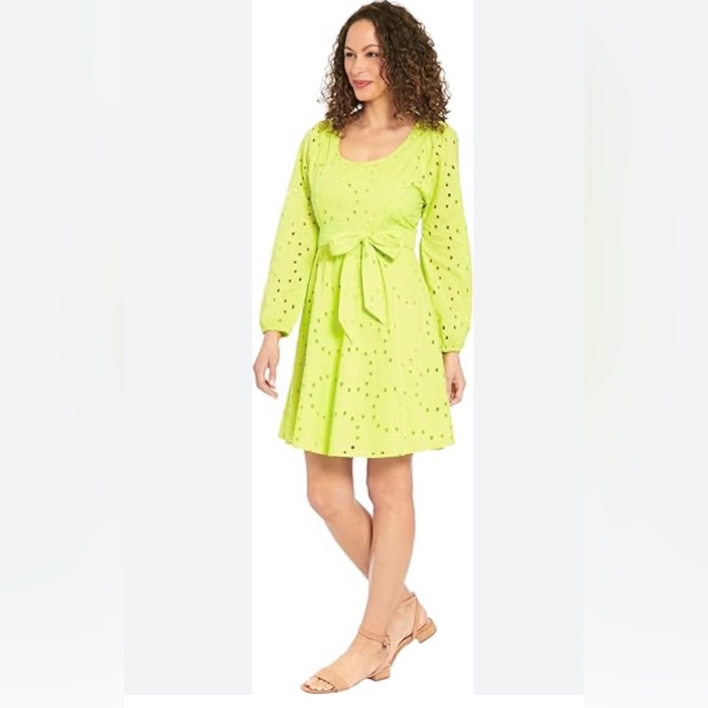 London Times Womens Long Sleeve Scoop Neck A-line Dress with Sash Tie size 6
